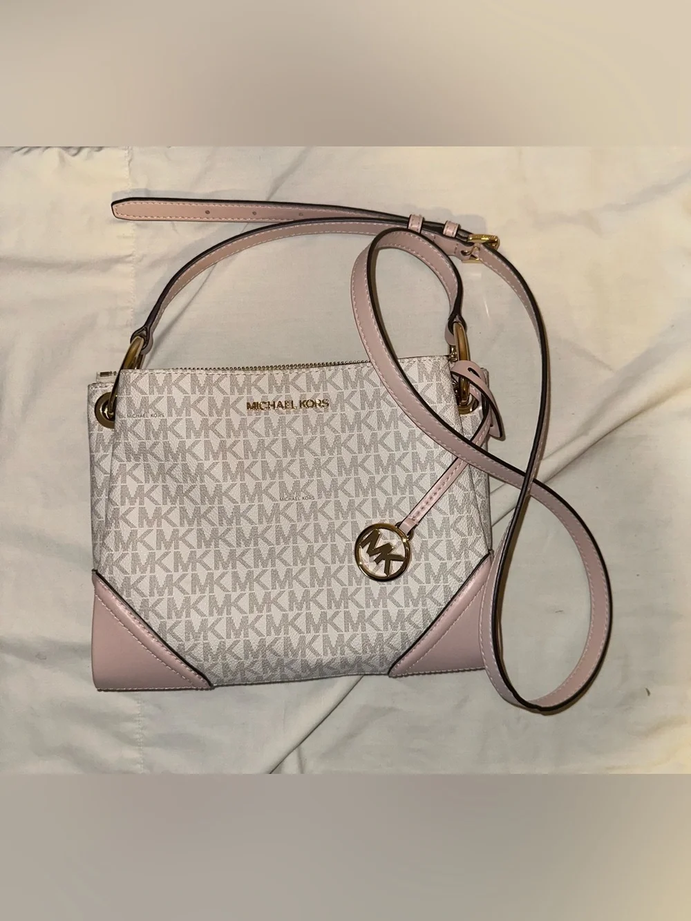 Michael Kors Pink & White MK Logo Crossbody with Gold Hardware